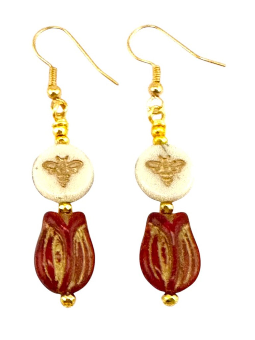 Czech Glass Bee Tulip Earrings Garnet Red Floral Dangle Cottagecore Boho - Picture 4 of 10